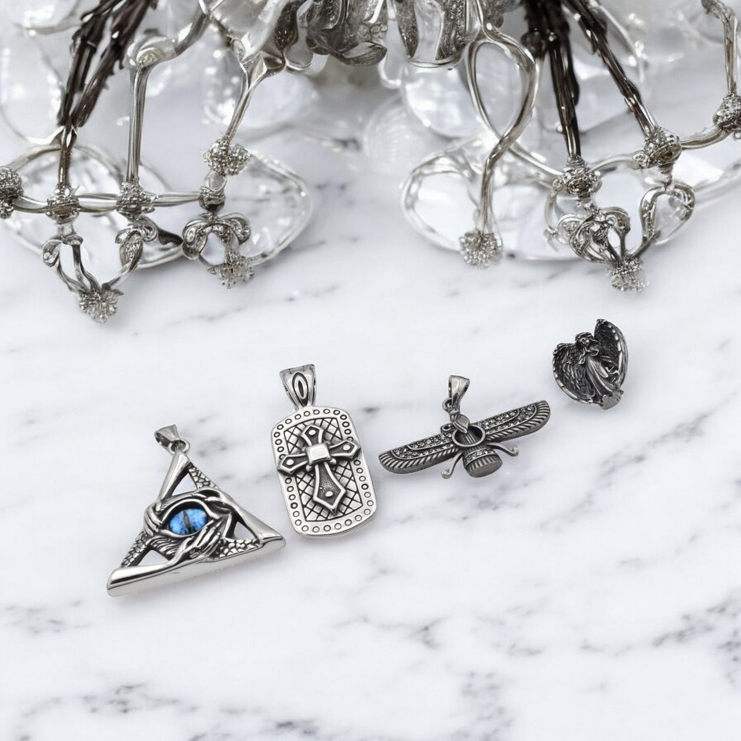 Stainless Steel Pendants for Jewelry Making - Eye of Providence, Cross, Angel & Ahura Mazda