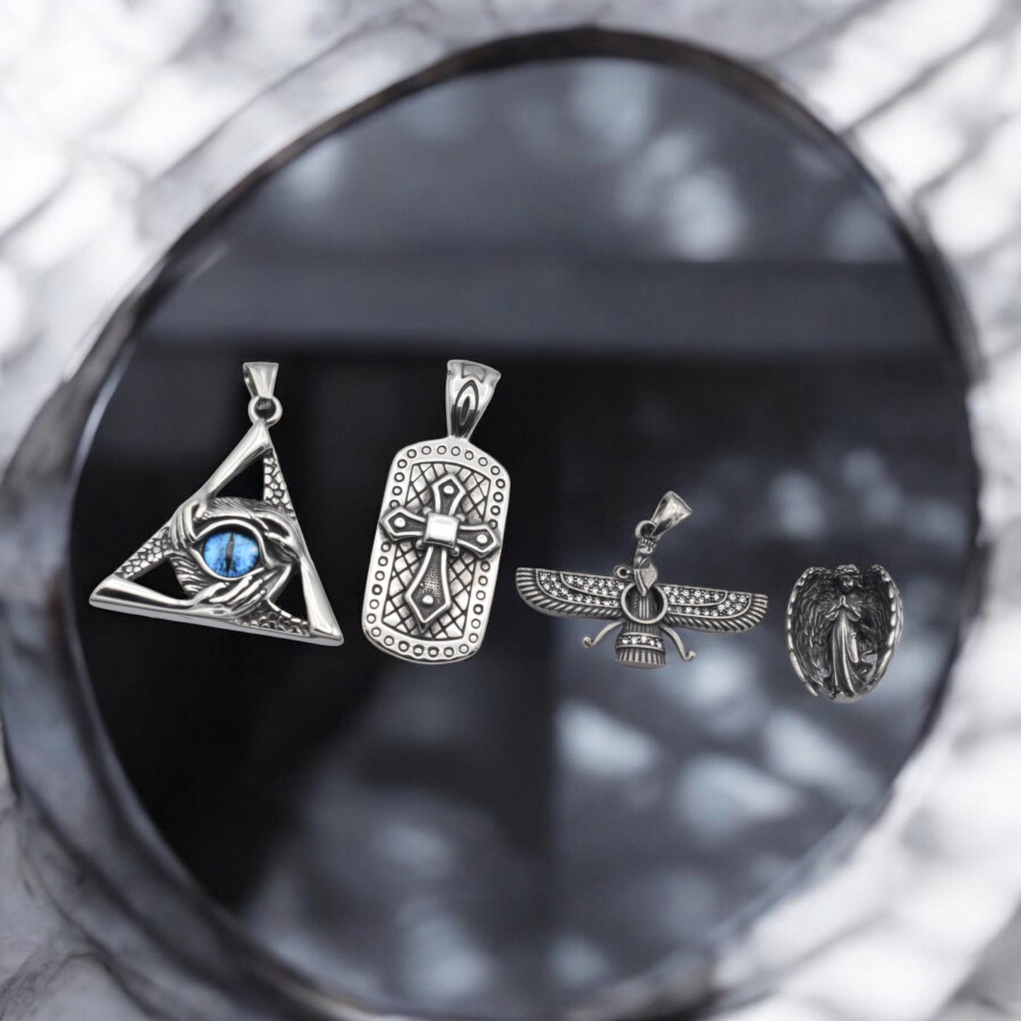 Stainless Steel Pendants for Jewelry Making - Eye of Providence, Cross, Angel & Ahura Mazda