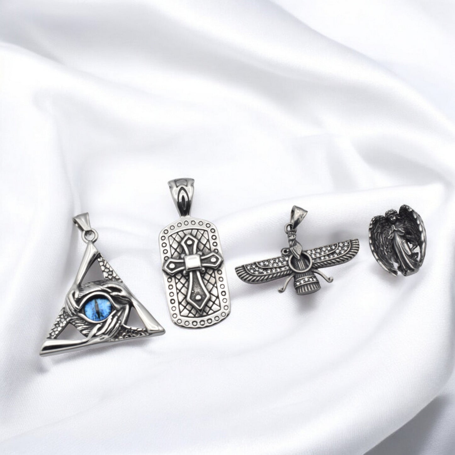 Stainless Steel Pendants for Jewelry Making - Eye of Providence, Cross, Angel & Ahura Mazda