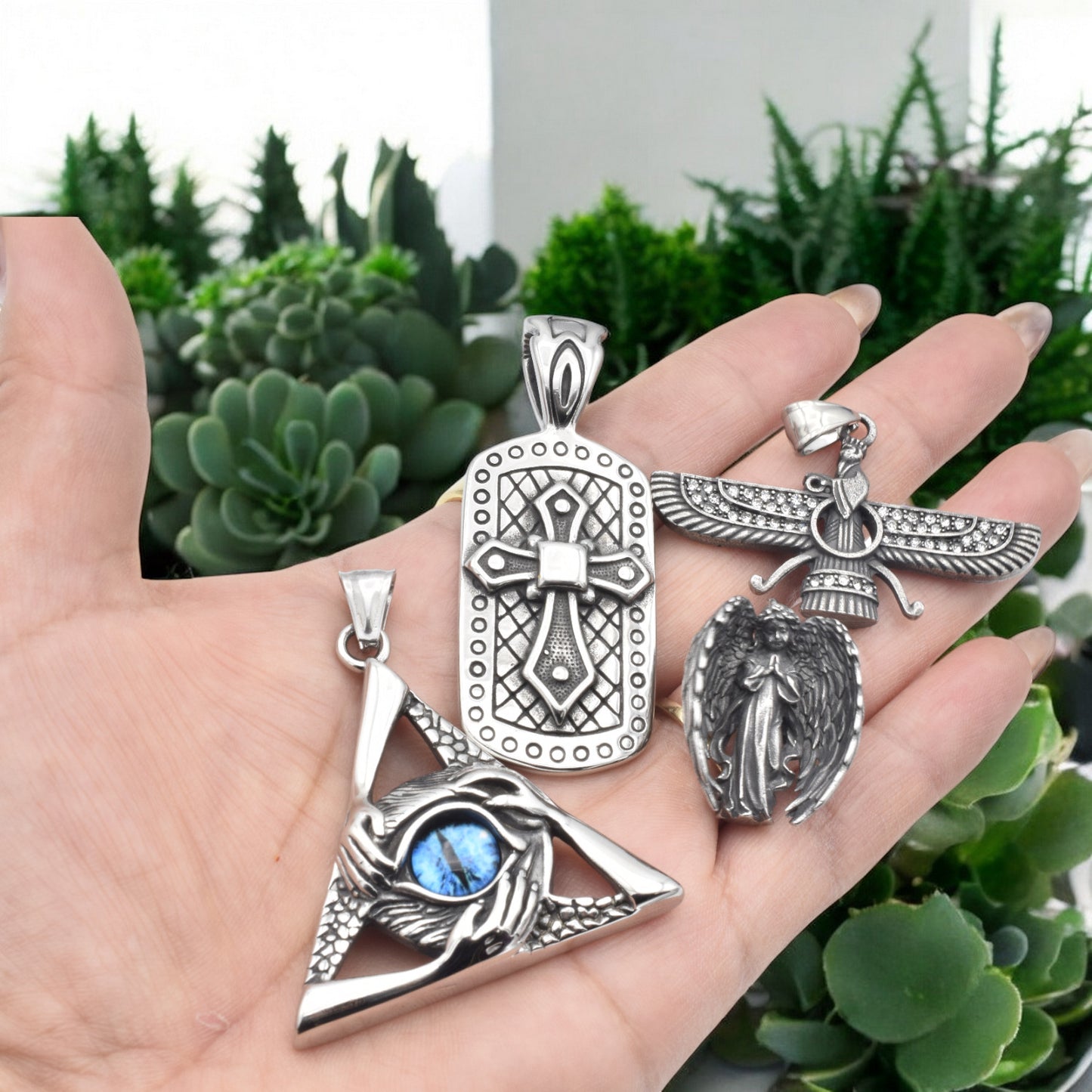 Stainless Steel Pendants for Jewelry Making - Eye of Providence, Cross, Angel & Ahura Mazda