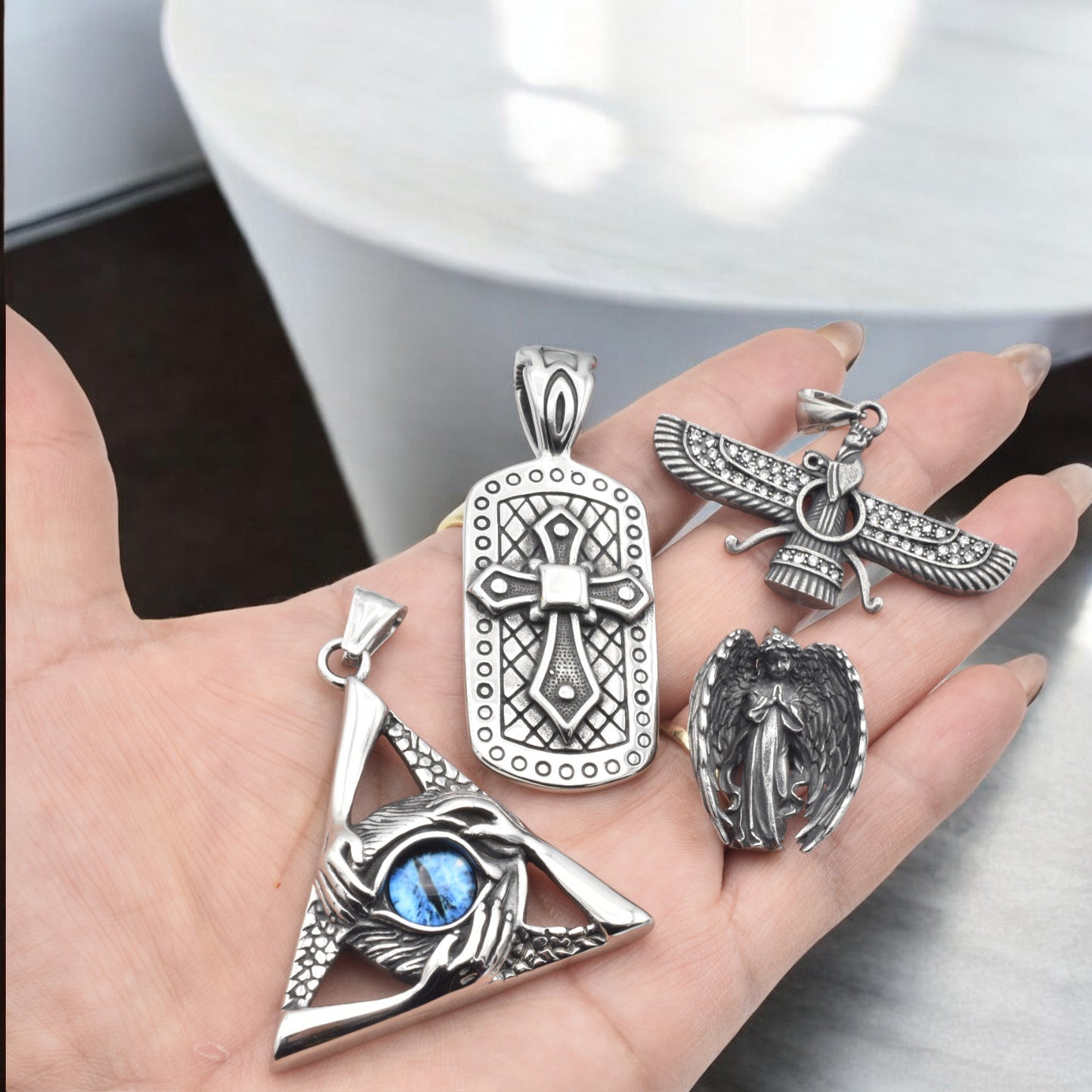 Stainless Steel Pendants for Jewelry Making - Eye of Providence, Cross, Angel & Ahura Mazda