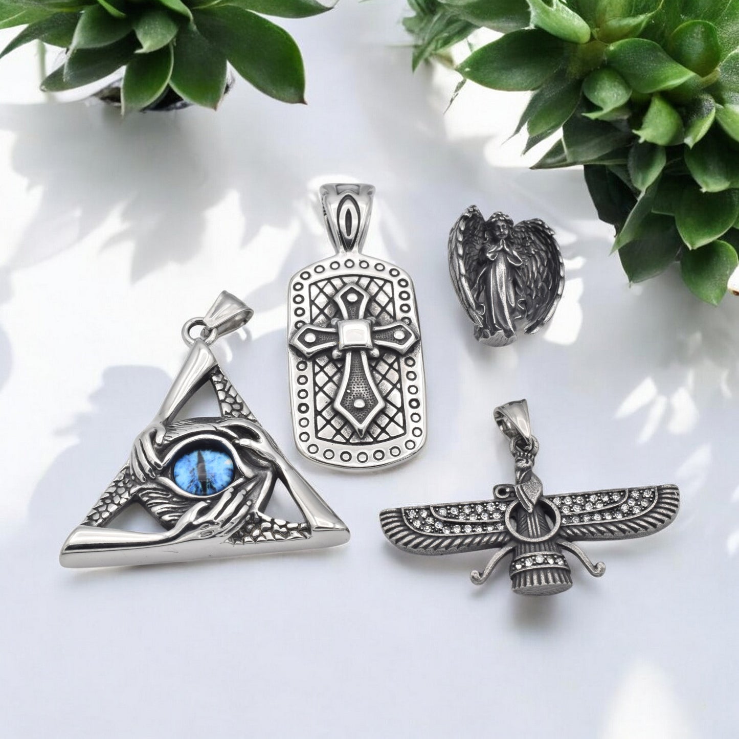 Stainless Steel Pendants for Jewelry Making - Eye of Providence, Cross, Angel & Ahura Mazda