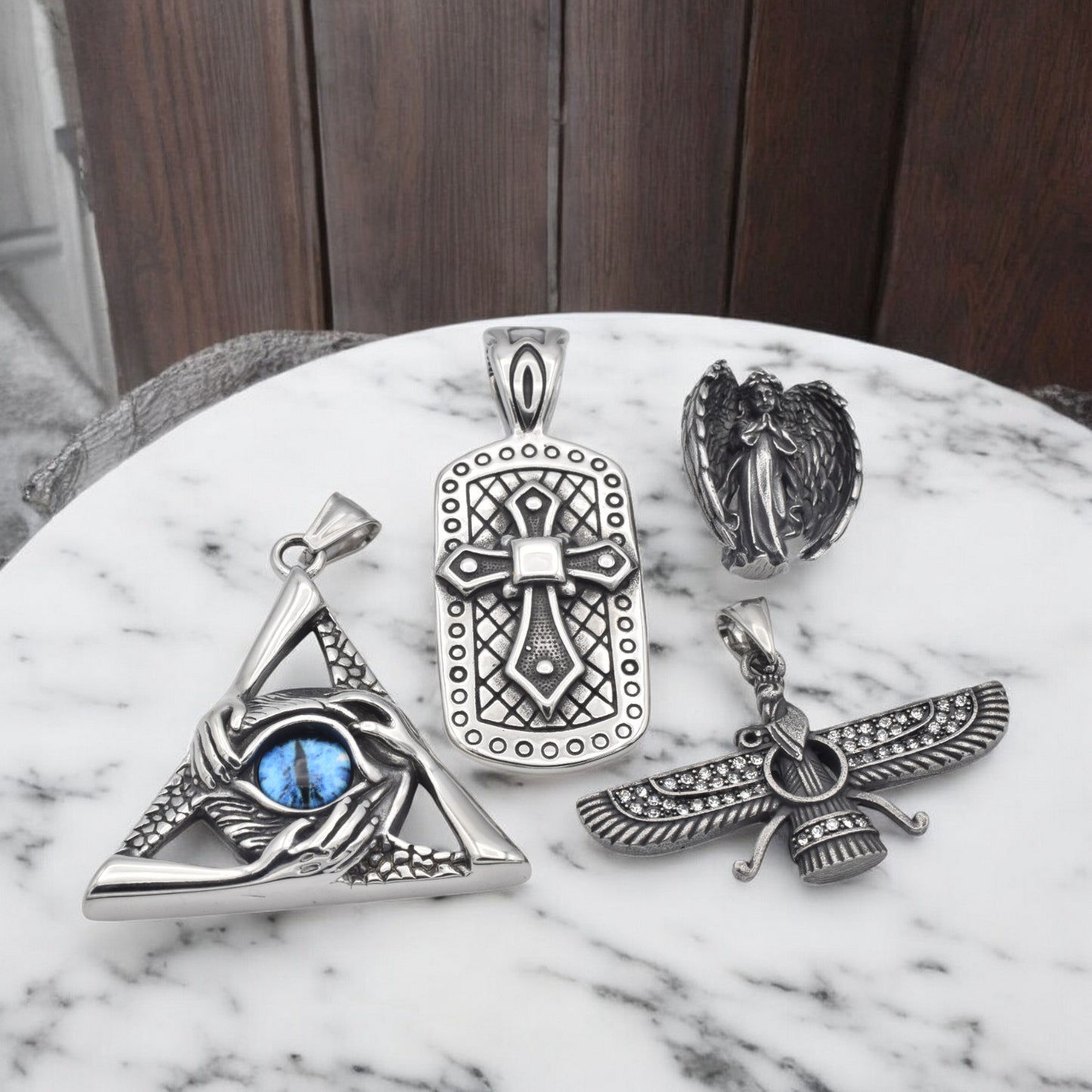 Stainless Steel Pendants for Jewelry Making - Eye of Providence, Cross, Angel & Ahura Mazda