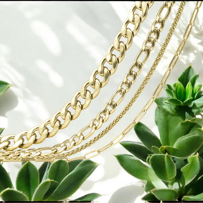 "Gold chain necklaces with succulent plants background"