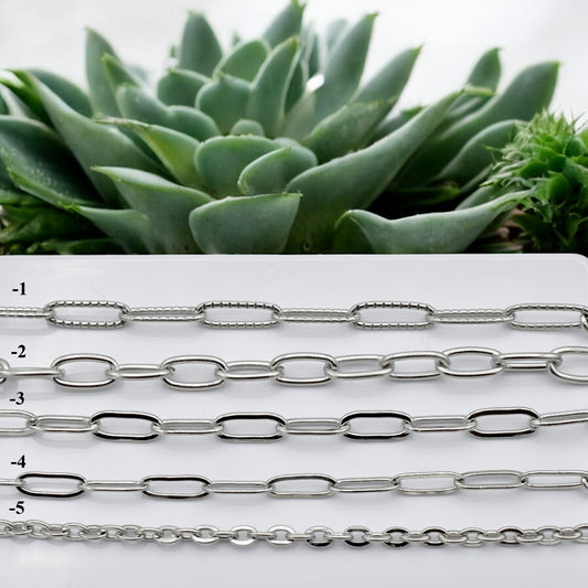 "Assorted silver chain styles on display with succulent background"