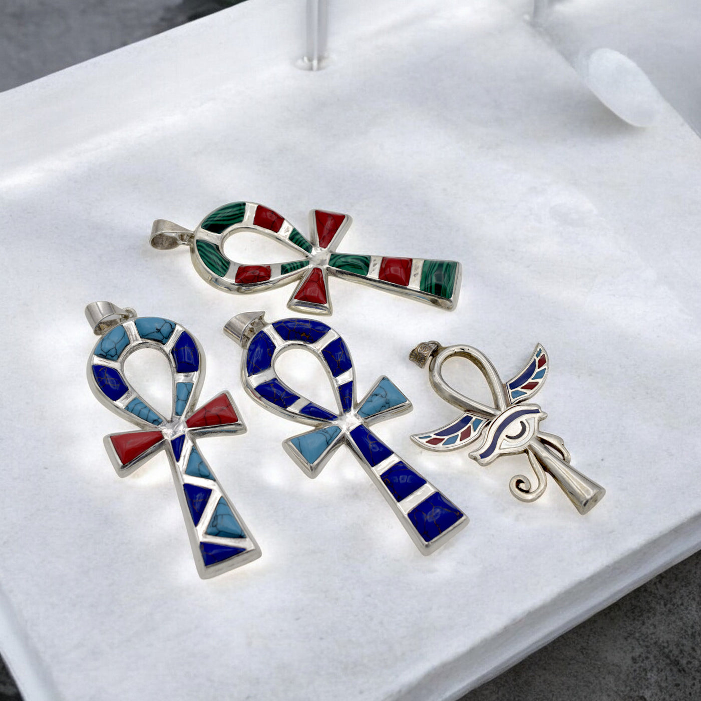 Sterling Silver Egyptian Ankh Pendants | Malachite, Lapis, Turquoise & Coral