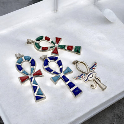 Sterling Silver Egyptian Ankh Pendants | Malachite, Lapis, Turquoise & Coral