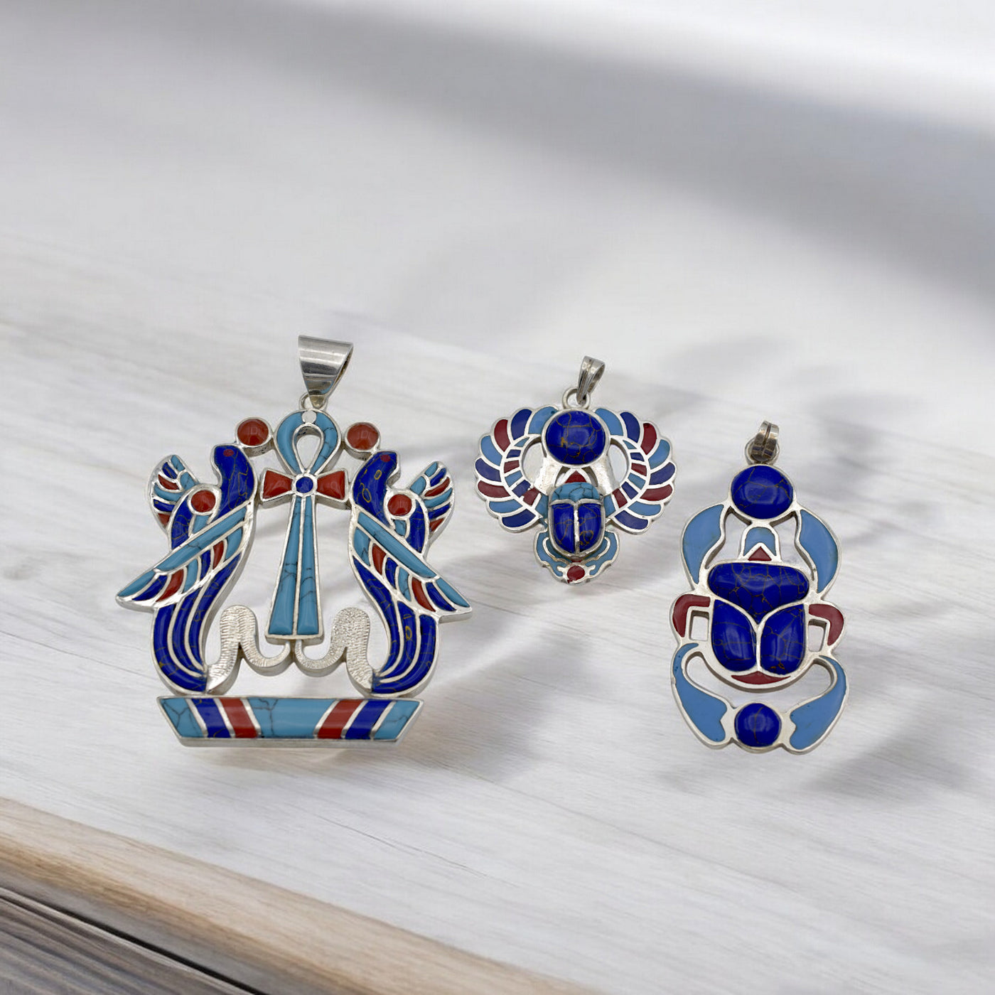 Sterling Silver Egyptian Pendants - Ankh, Isis Wings & Scarab Design