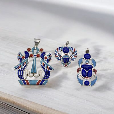 Sterling Silver Egyptian Pendants - Ankh, Isis Wings & Scarab Design