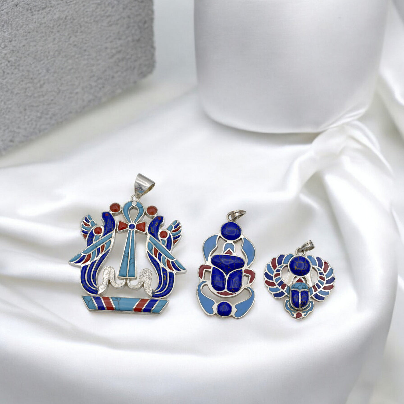 Sterling Silver Egyptian Pendants - Ankh, Isis Wings & Scarab Design