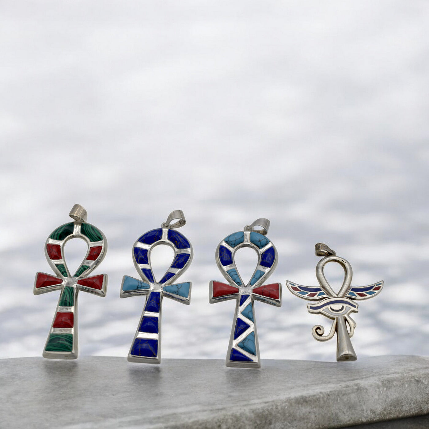 Sterling Silver Egyptian Ankh Pendants | Malachite, Lapis, Turquoise & Coral