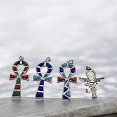 Sterling Silver Egyptian Ankh Pendants | Malachite, Lapis, Turquoise & Coral