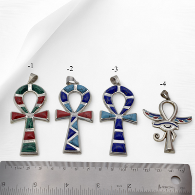 Sterling Silver Egyptian Ankh Pendants | Malachite, Lapis, Turquoise & Coral