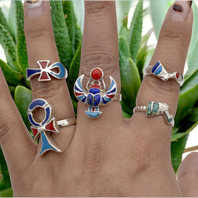 Sterling Silver Egyptian Rings - Adjustable Ankh, Nefertiti, Scarab