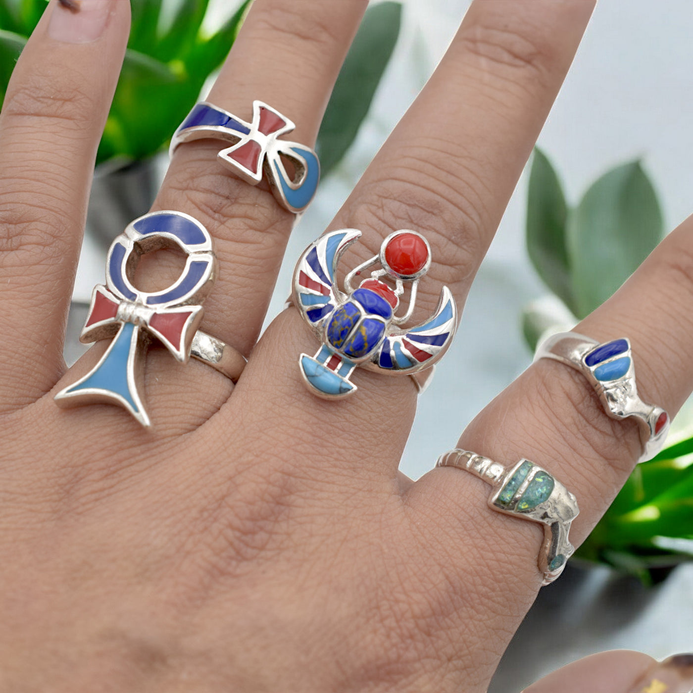Sterling Silver Egyptian Rings - Adjustable Ankh, Nefertiti, Scarab