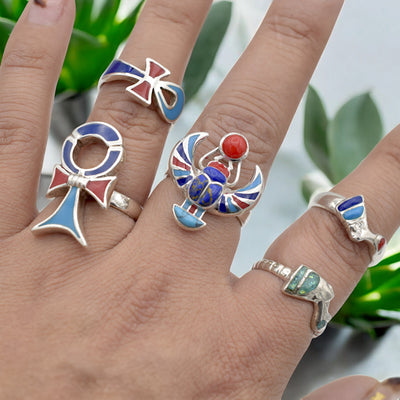 Sterling Silver Egyptian Rings - Adjustable Ankh, Nefertiti, Scarab
