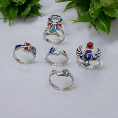 Sterling Silver Egyptian Rings - Adjustable Ankh, Nefertiti, Scarab