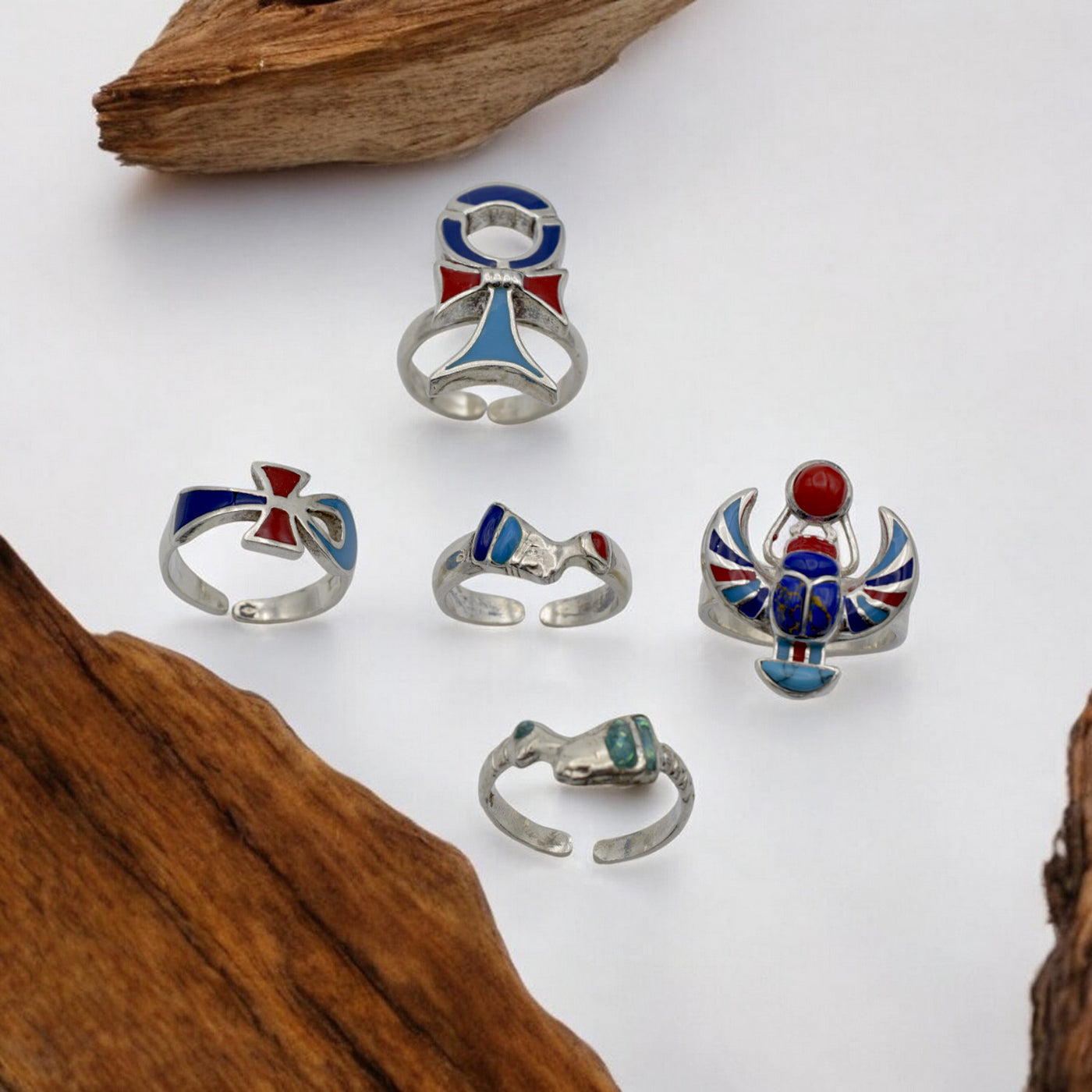 Sterling Silver Egyptian Rings - Adjustable Ankh, Nefertiti, Scarab