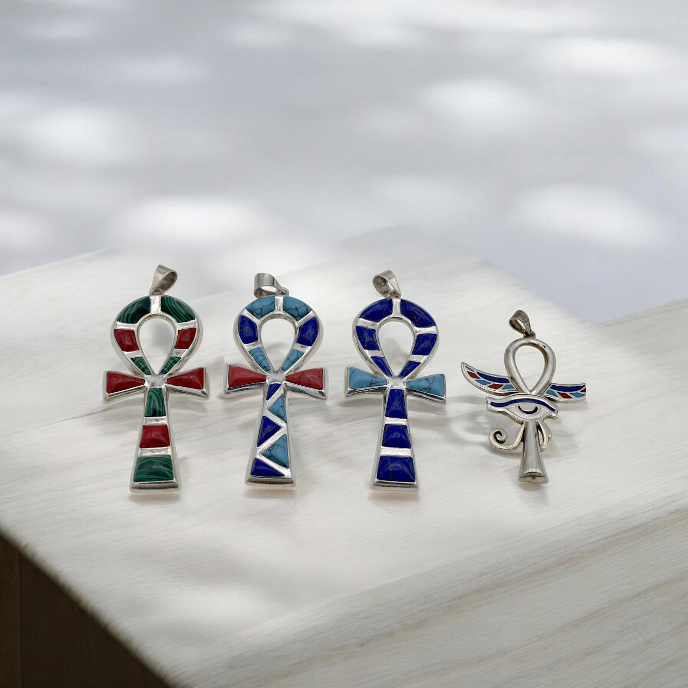 Sterling Silver Egyptian Ankh Pendants | Malachite, Lapis, Turquoise & Coral