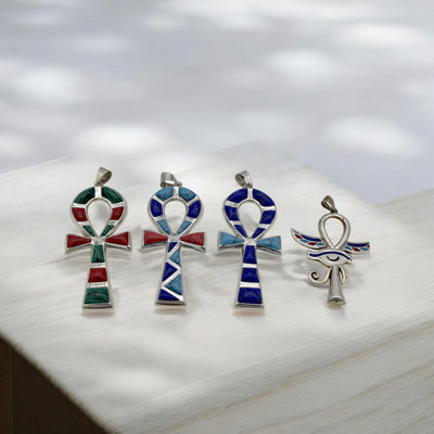 Sterling Silver Egyptian Ankh Pendants | Malachite, Lapis, Turquoise & Coral