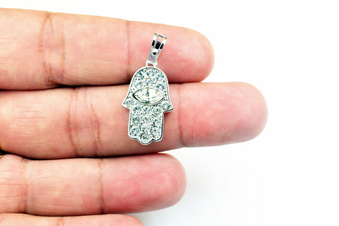 White Gold Filled Rhodium Hamsa Hand Pendant(Ø®Ù…Ø³Ø© ÙˆØ®Ù…ÙŠØ³Ø©)Size 29x14mm With Clear CZ Cubic Zirconia Bling Bling Rhinestone For Jewelry Making
