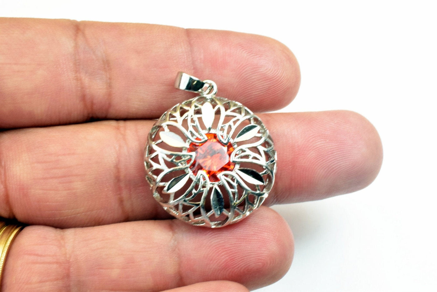 White Gold Filled Look, Circle Openwork Charm Rhodium Pendant Size 28x25mm CZ Cubic Zirconia