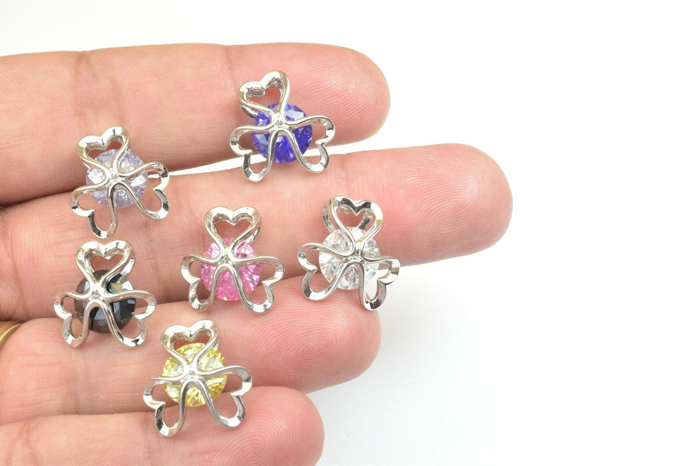 White Gold Filled Look, Heart Flower Charm Rhodium Pendant 15mm With CZ Cubic Zirconia