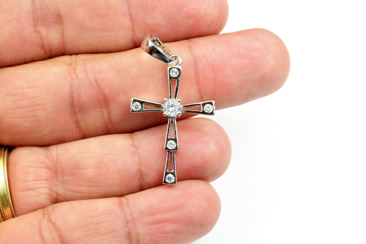 White Gold Filled Look, cross pendant clear cz cubic zirconia rhinestone rhodium plated charm size 30x19mm thickness 4mm