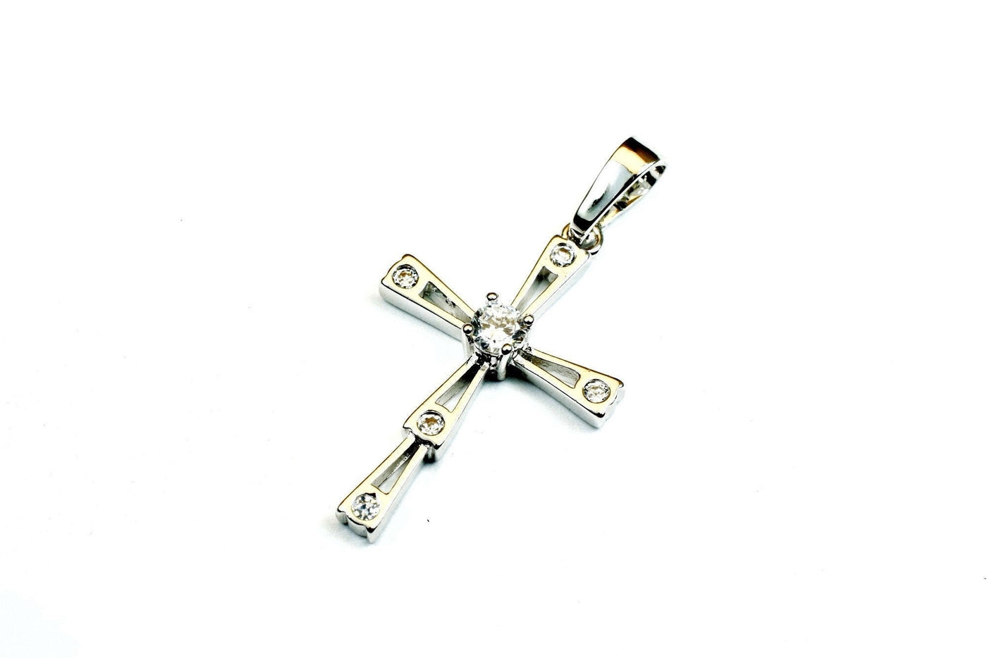 White Gold Filled Look, cross pendant clear cz cubic zirconia rhinestone rhodium plated charm size 30x19mm thickness 4mm