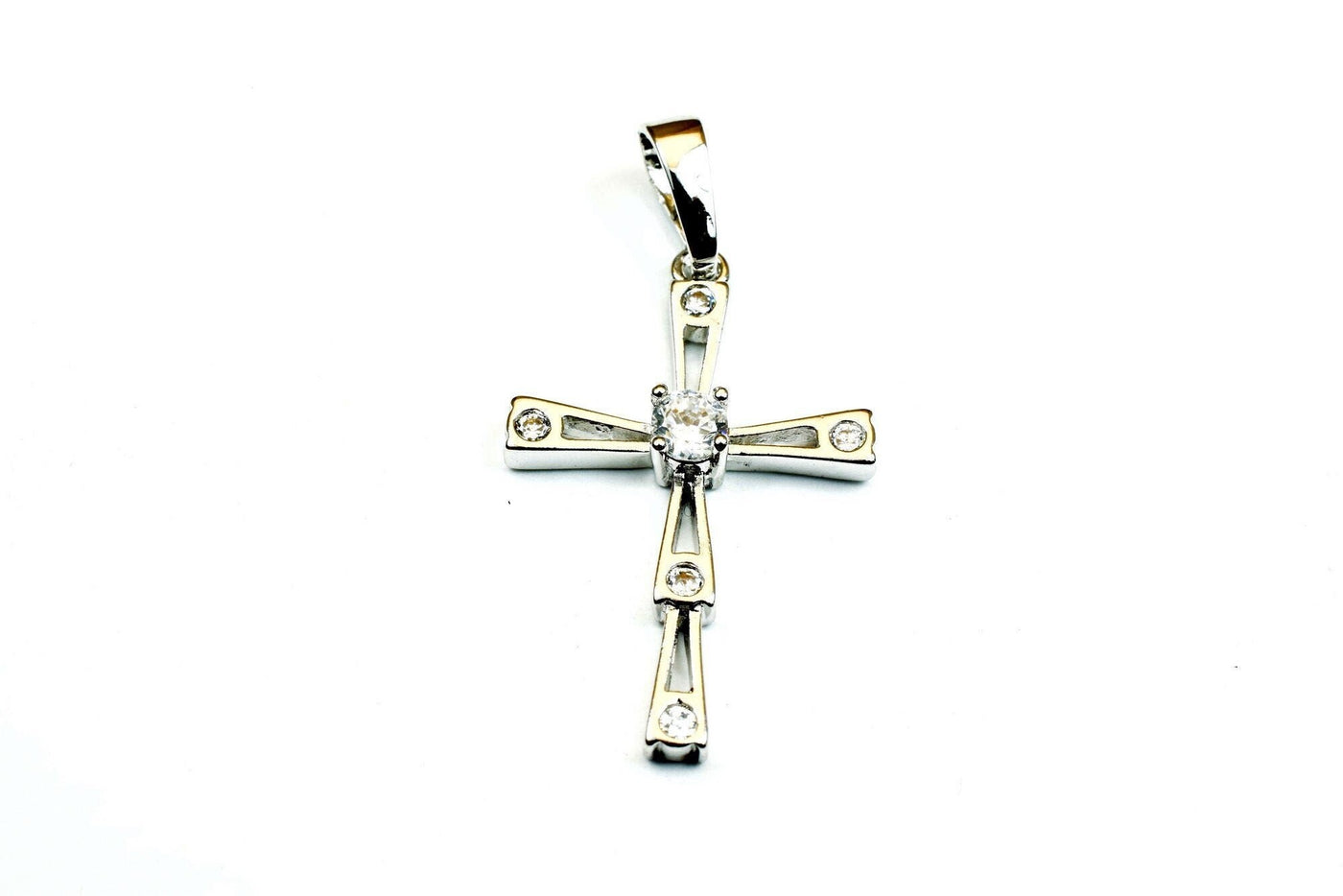 White Gold Filled Look, cross pendant clear cz cubic zirconia rhinestone rhodium plated charm size 30x19mm thickness 4mm