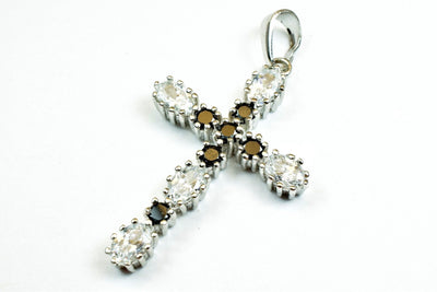 White Gold Filled Look, cross pendant, black clear cz cubic zirconia rhodium plated charm size 39x20mm thickness 4.5mm