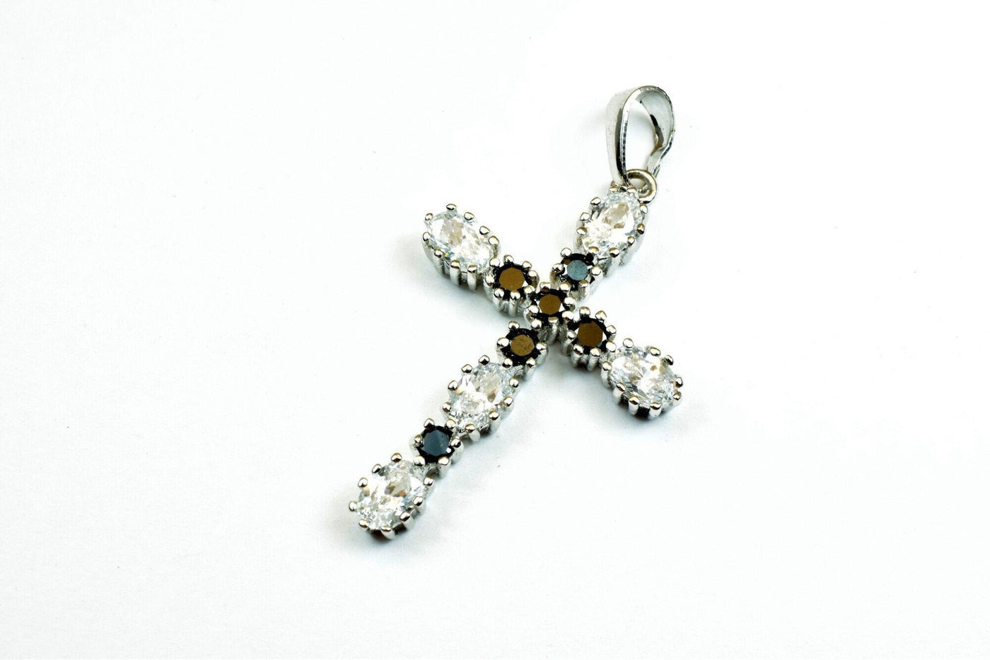 White Gold Filled Look, cross pendant, black clear cz cubic zirconia rhodium plated charm size 39x20mm thickness 4.5mm