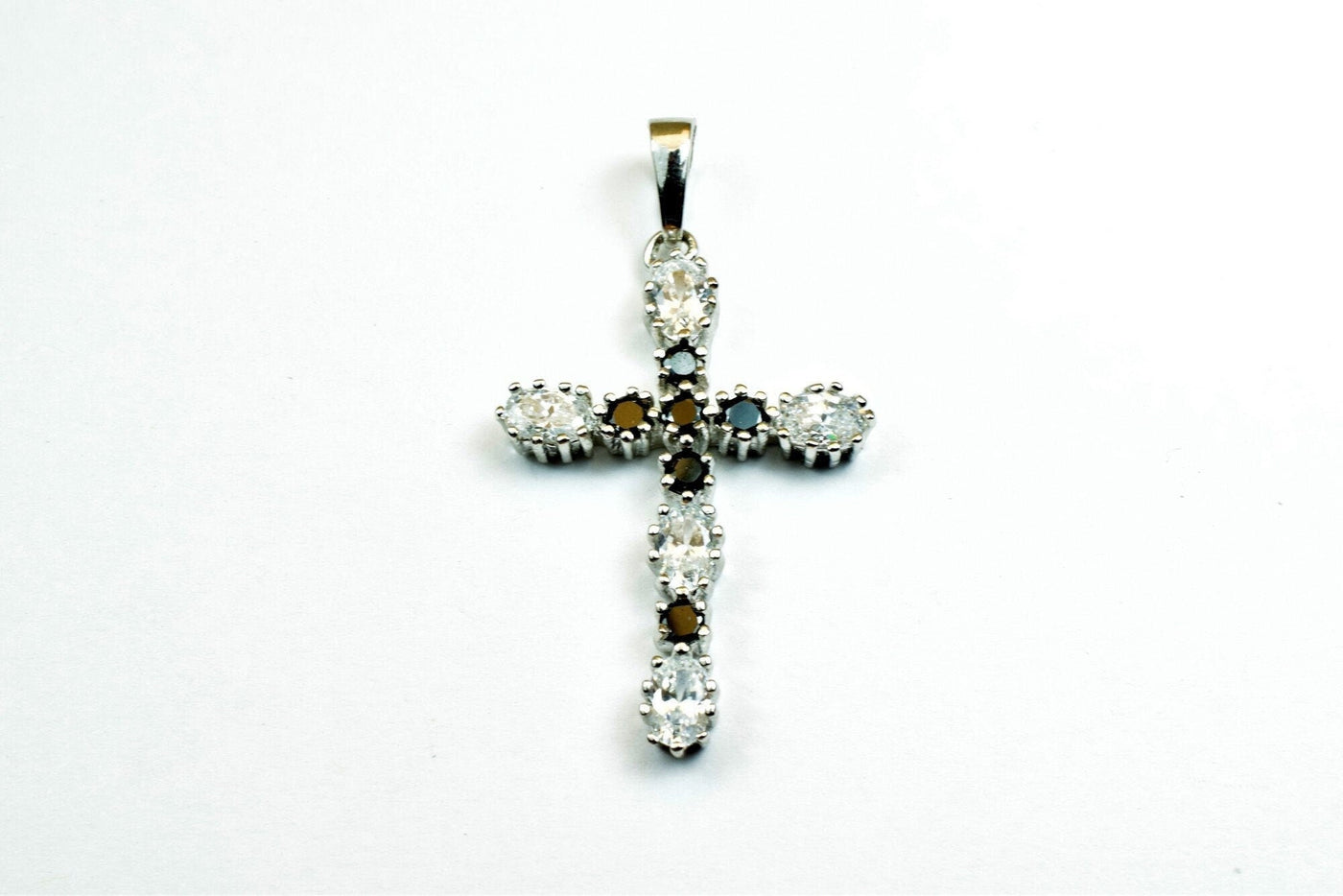 White Gold Filled Look, cross pendant, black clear cz cubic zirconia rhodium plated charm size 39x20mm thickness 4.5mm
