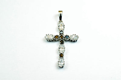 White Gold Filled Look, cross pendant, black clear cz cubic zirconia rhodium plated charm size 39x20mm thickness 4.5mm