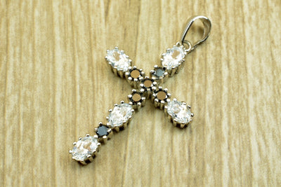 White Gold Filled Look, cross pendant, black clear cz cubic zirconia rhodium plated charm size 39x20mm thickness 4.5mm