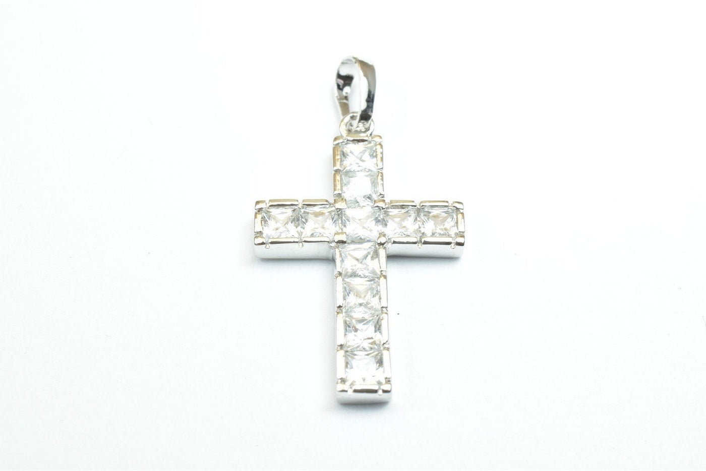 White Gold Filled Look, cross pendant with cubic zircon (cz) rhinestone rhodium plated charm size 26x17mm, thickness 2.5mm RP76