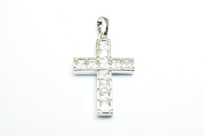 White Gold Filled Look, cross pendant with cubic zircon (cz) rhinestone rhodium plated charm size 26x17mm, thickness 2.5mm RP76