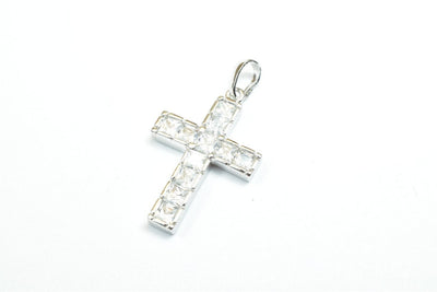 White Gold Filled Look, cross pendant with cubic zircon (cz) rhinestone rhodium plated charm size 26x17mm, thickness 2.5mm RP76