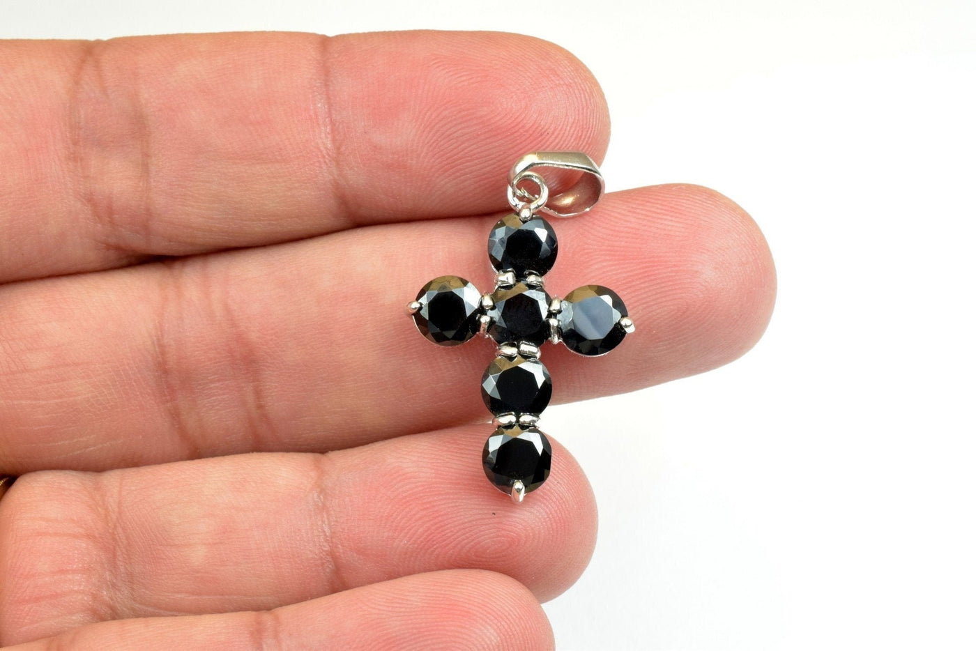 White gold filled Look, cross pendant with black cubic zircon (cz) rhinestone rhodium plated charm size 29x20mm