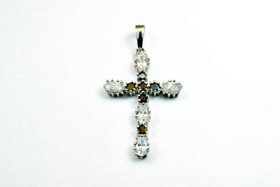 White Gold Filled Look, cross pendant, black clear cz cubic zirconia rhodium plated charm size 39x20mm thickness 4.5mm