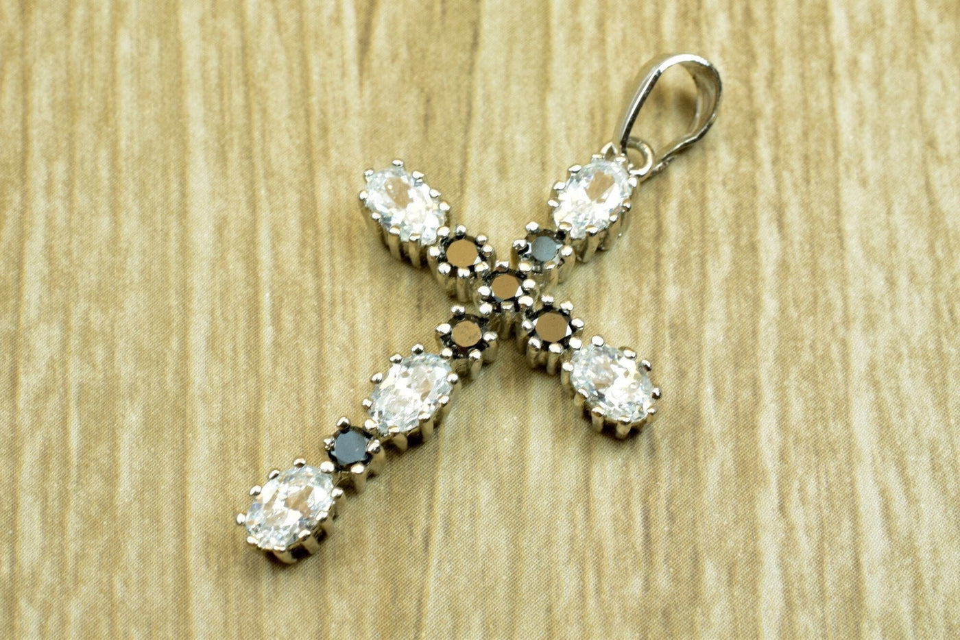 White Gold Filled Look, cross pendant, black clear cz cubic zirconia rhodium plated charm size 39x20mm thickness 4.5mm