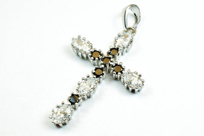 White Gold Filled Look, cross pendant, black clear cz cubic zirconia rhodium plated charm size 39x20mm thickness 4.5mm