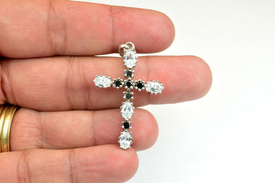 White Gold Filled Look, cross pendant, black clear cz cubic zirconia rhodium plated charm size 39x20mm thickness 4.5mm