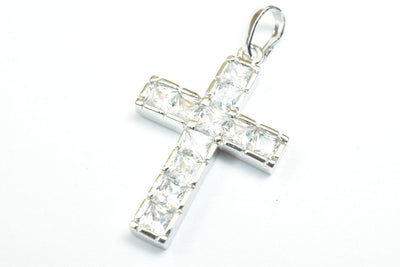 White Gold Filled Look, cross pendant with cubic zircon (cz) rhinestone rhodium plated charm size 26x17mm, thickness 2.5mm RP76