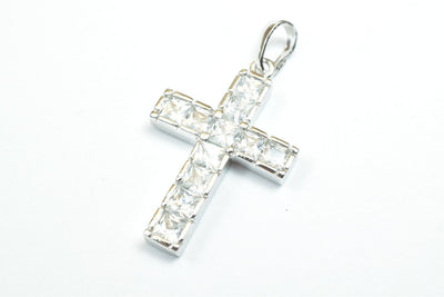White Gold Filled Look, cross pendant with cubic zircon (cz) rhinestone rhodium plated charm size 26x17mm, thickness 2.5mm RP76