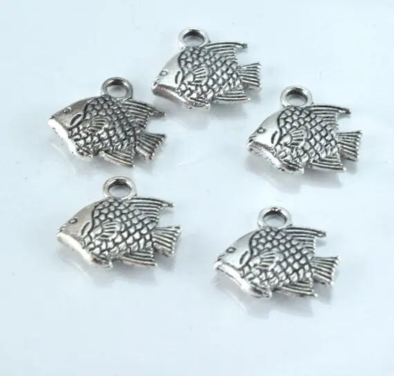 12x12mm Antique Silver Fish Pendant Charms , 18pcs/PK, 3mm thickness, 16.4grams/pk, 2mm hole opening - BeadsFindingDepot