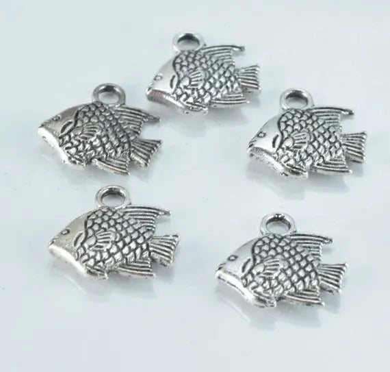 12x12mm Antique Silver Fish Pendant Charms , 18pcs/PK, 3mm thickness, 16.4grams/pk, 2mm hole opening - BeadsFindingDepot