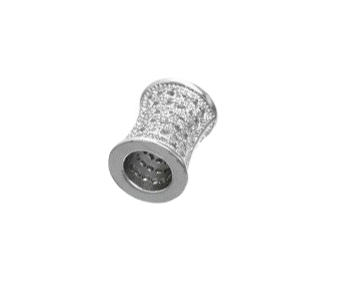 Silver diamond-studded barrel-shaped bead.