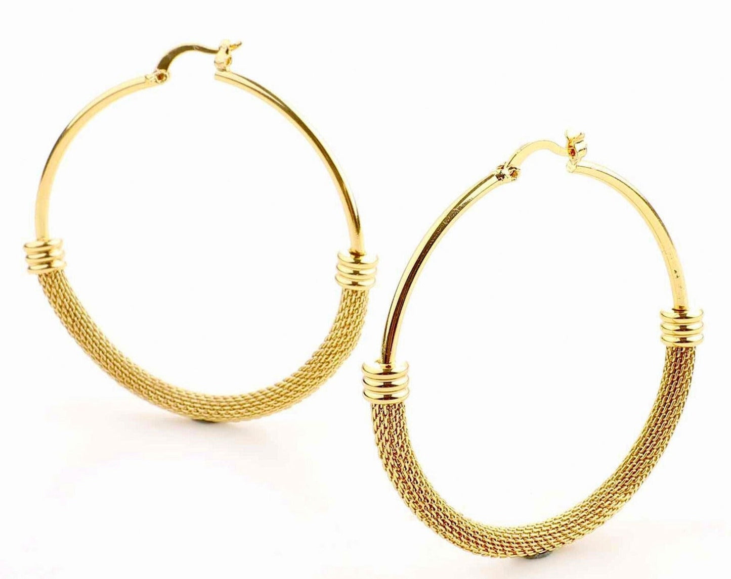 Gold textured hoop earrings with latch back closure.