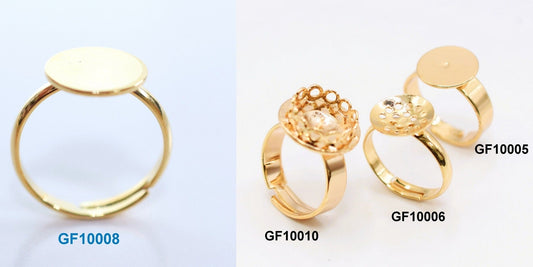 Gold adjustable bezel ring set with smooth and textured designs, product codes GF10008, GF10010, GF10006, GF10005.